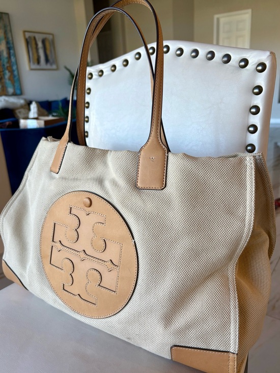Tory Burch Handbags - LARGE Tory Burch Ella Natural Canvas Tote with Tan Leather Trim Bag